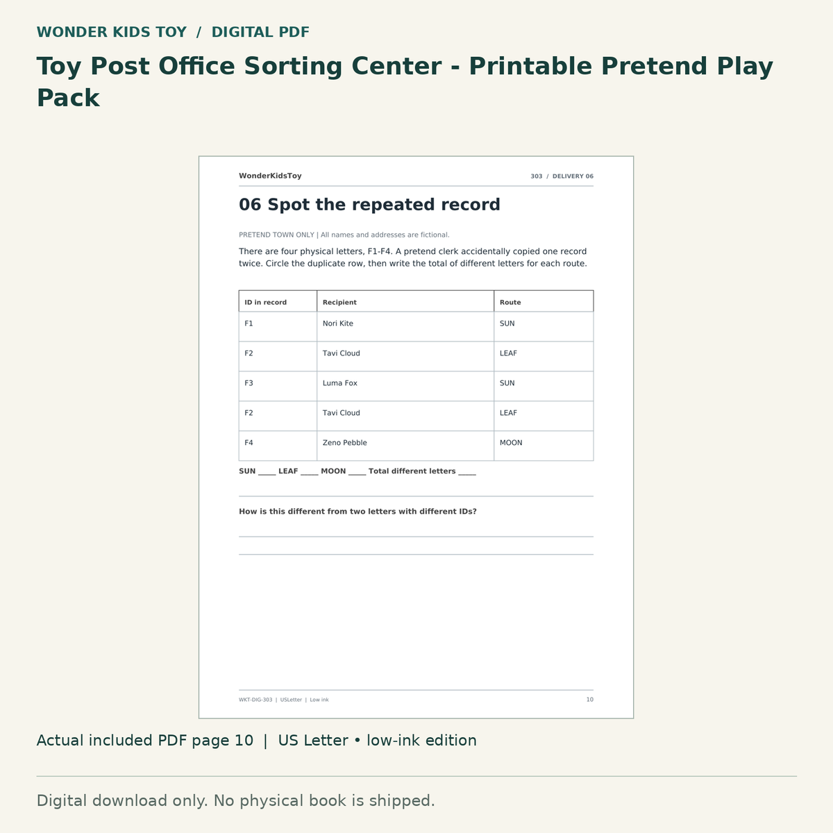 Toy Post Office Sorting Center - Printable Pretend Play Pack: actual included PDF page 10, US Letter low-ink edition. Digital download; no physical book.