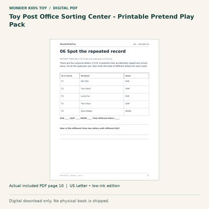 Toy Post Office Sorting Center - Printable Pretend Play Pack: actual included PDF page 10, US Letter low-ink edition. Digital download; no physical book.
