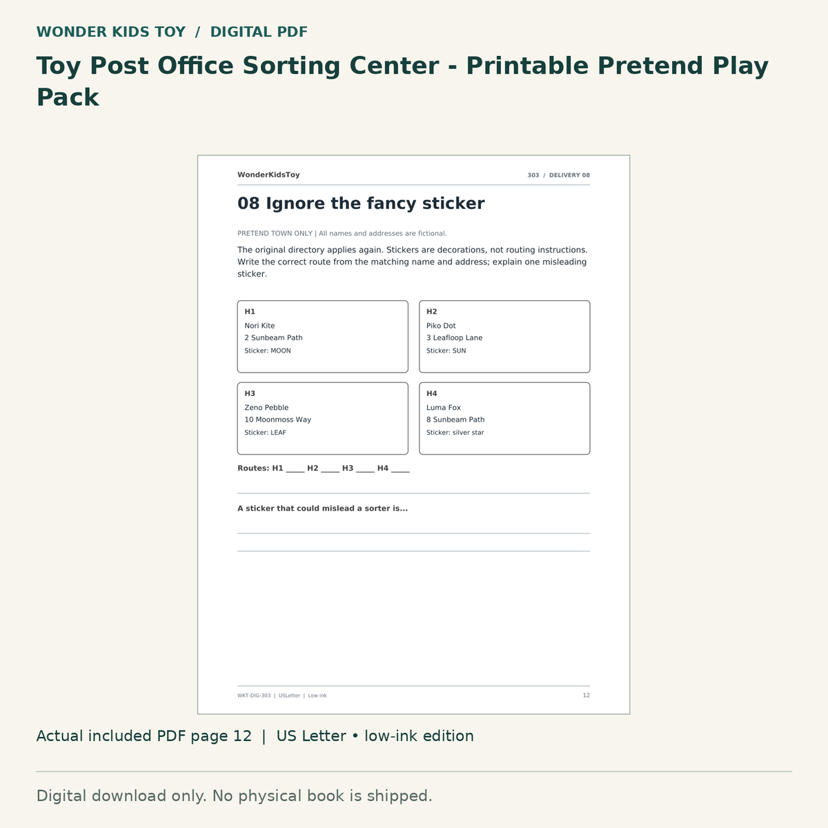 Toy Post Office Sorting Center - Printable Pretend Play Pack: actual included PDF page 12, US Letter low-ink edition. Digital download; no physical book.