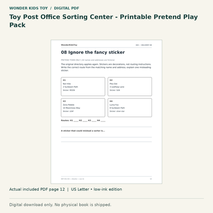 Toy Post Office Sorting Center - Printable Pretend Play Pack: actual included PDF page 12, US Letter low-ink edition. Digital download; no physical book.