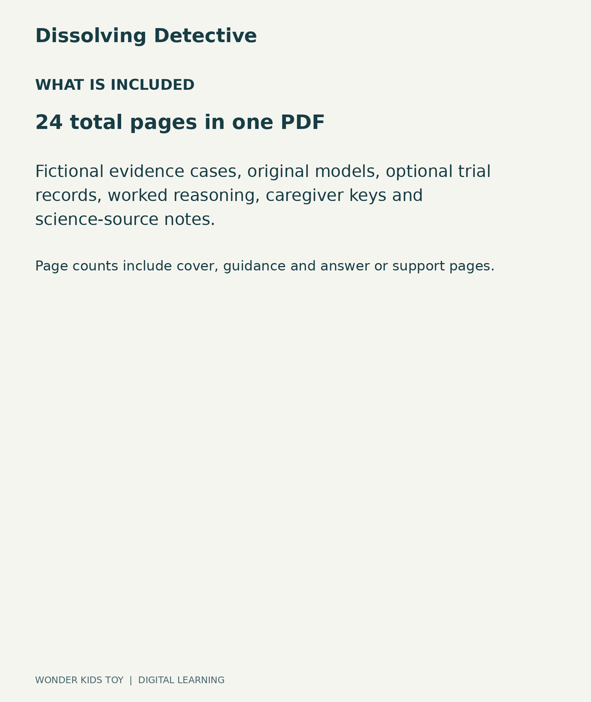 Dissolving Detective: contents overview, one PDF with 24 total pages