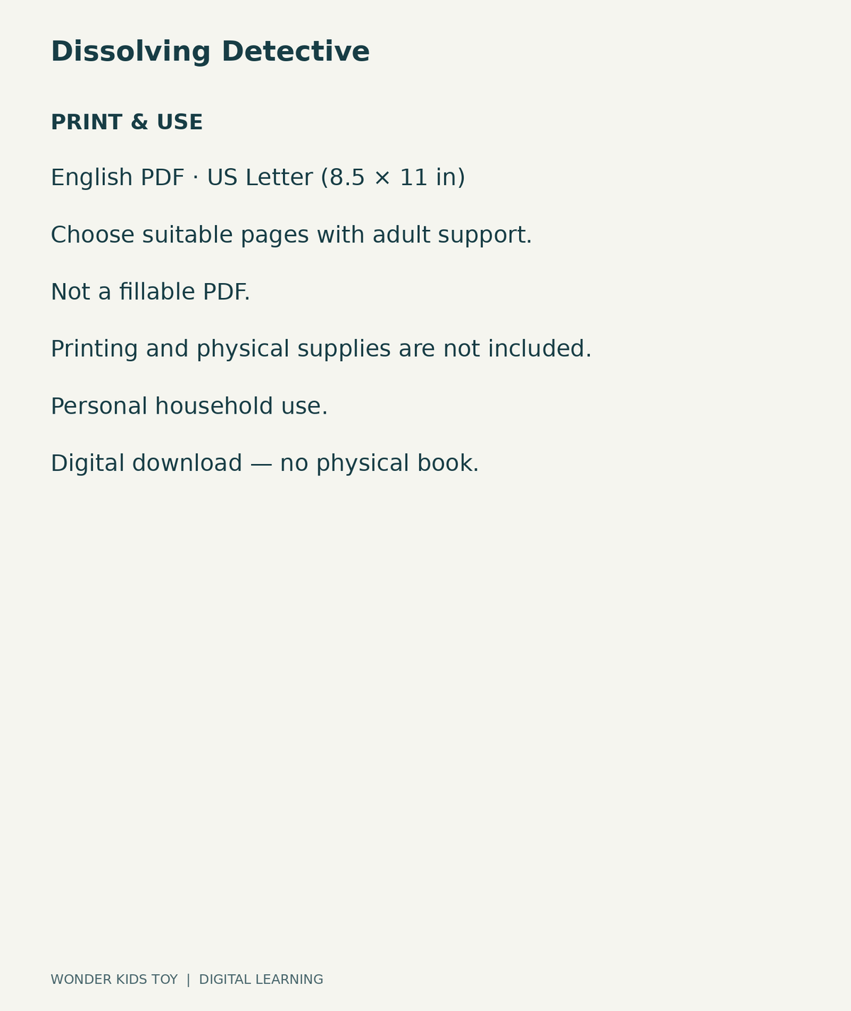 Dissolving Detective: US Letter English printable PDF and household-use details