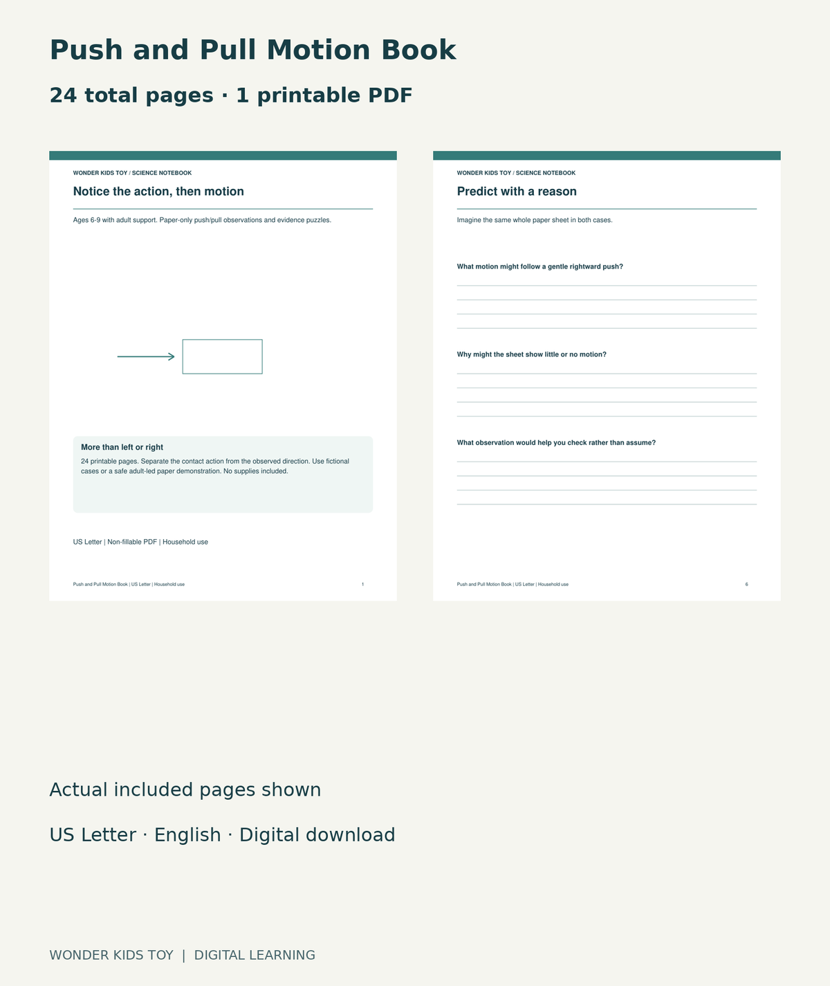 Push and Pull Motion Book: actual included PDF cover and page 6, 24 total pages