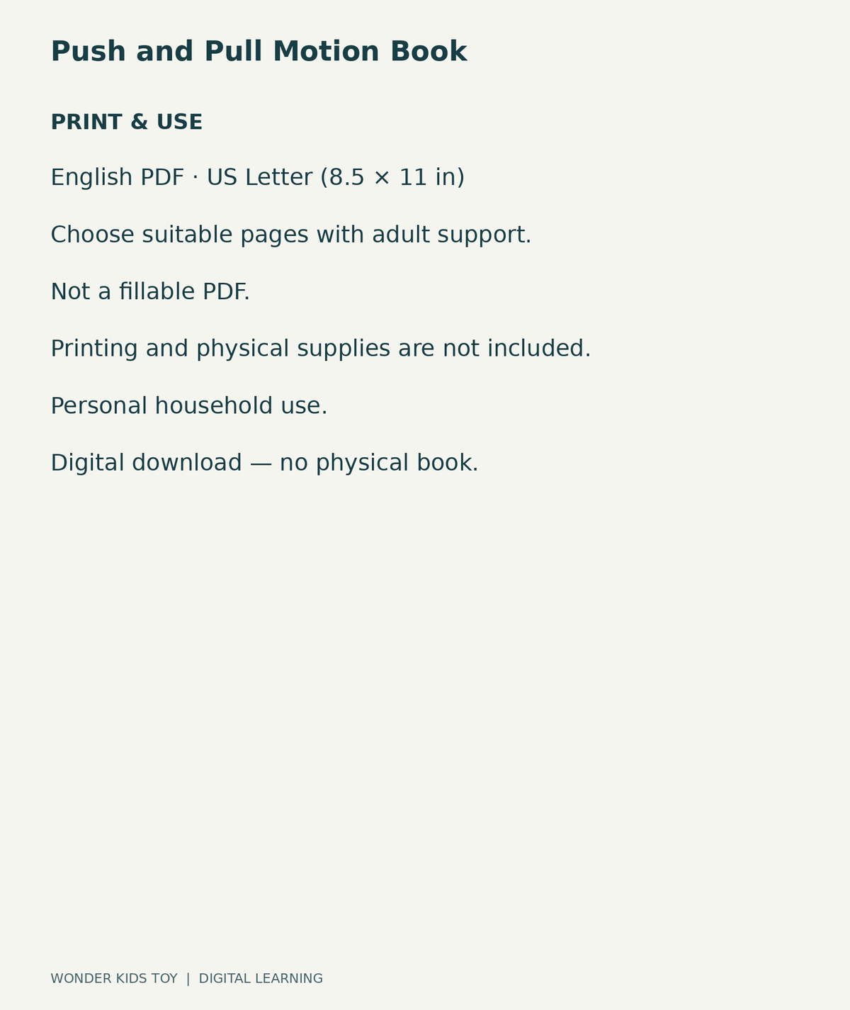Push and Pull Motion Book: US Letter English printable PDF and household-use details