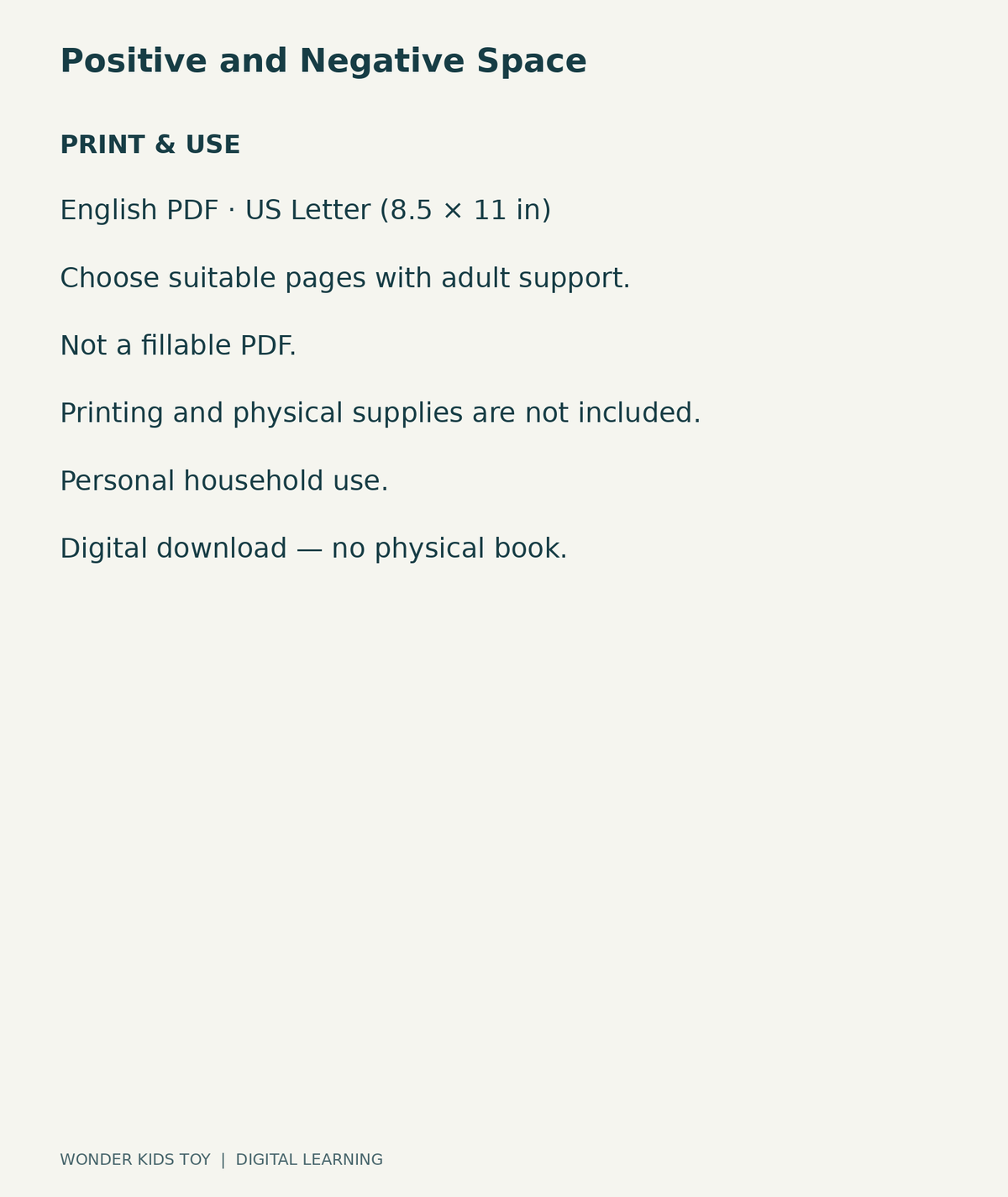 Positive and Negative Space: US Letter English printable PDF and household-use details