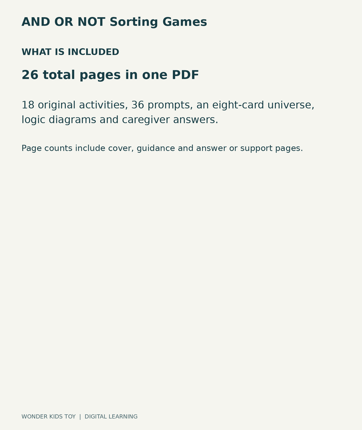 AND OR NOT Sorting Games: contents overview, one PDF with 26 total pages
