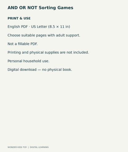AND OR NOT Sorting Games: US Letter English printable PDF and household-use details