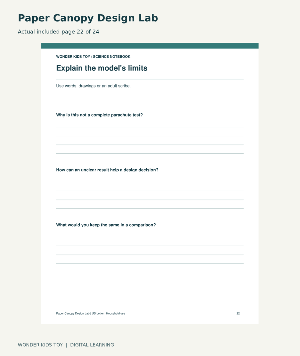 Paper Canopy Design Lab: actual included PDF page 22 of 24