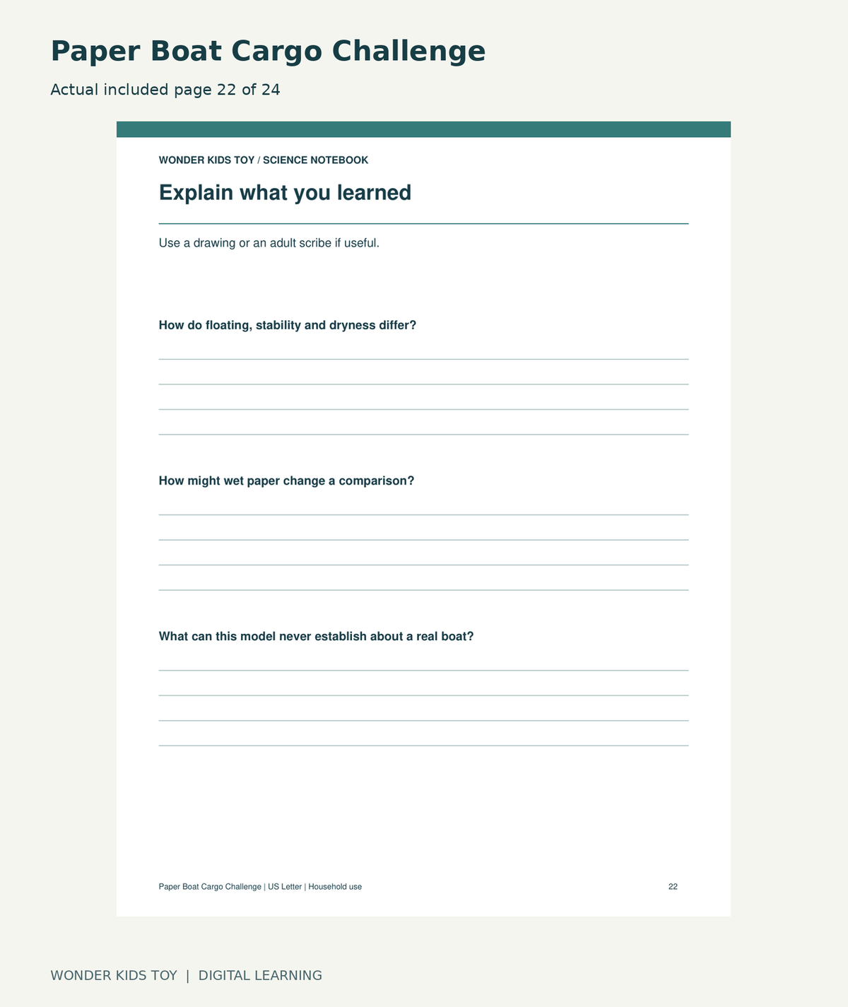 Paper Boat Cargo Challenge: actual included PDF page 22 of 24