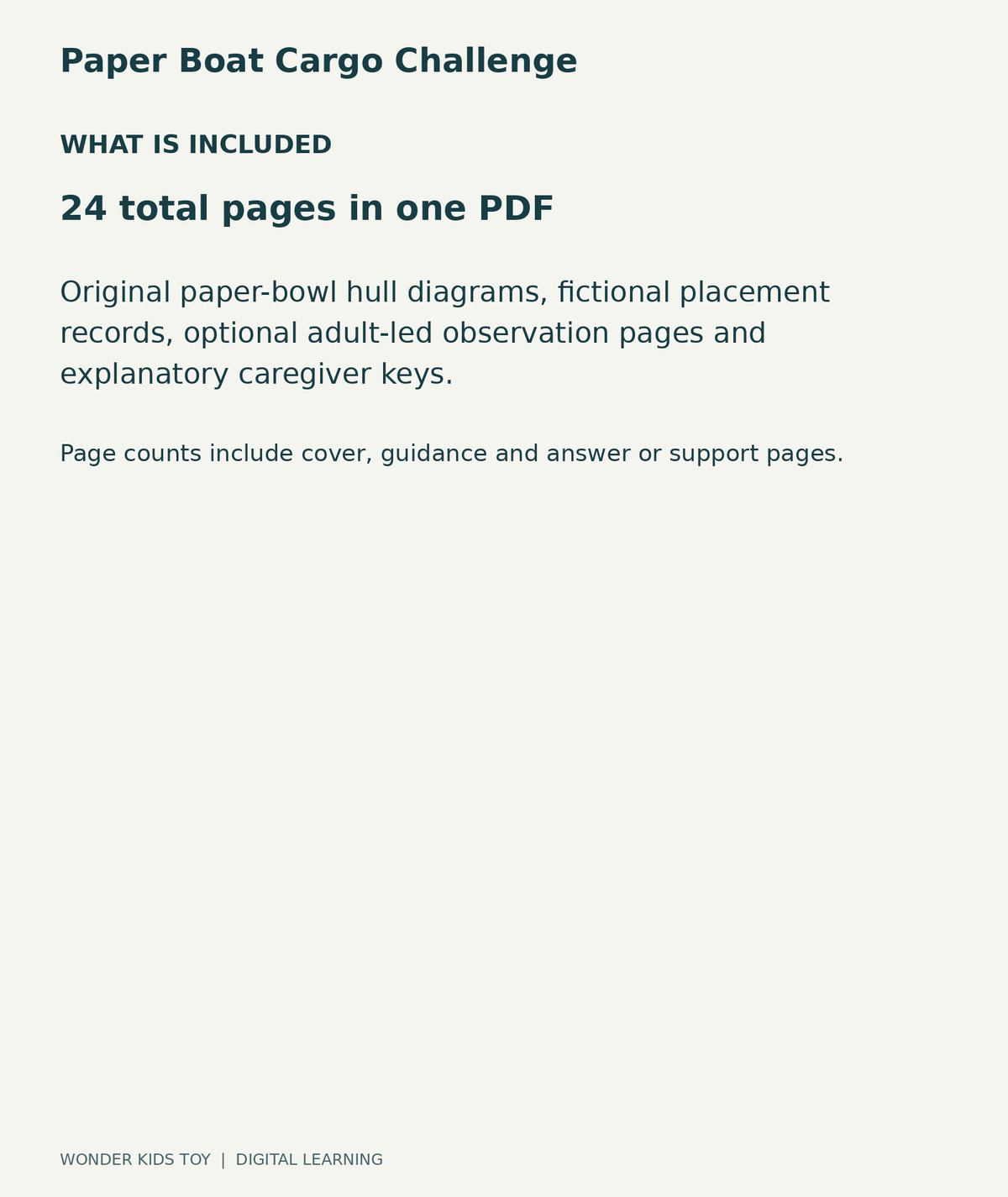 Paper Boat Cargo Challenge: contents overview, one PDF with 24 total pages