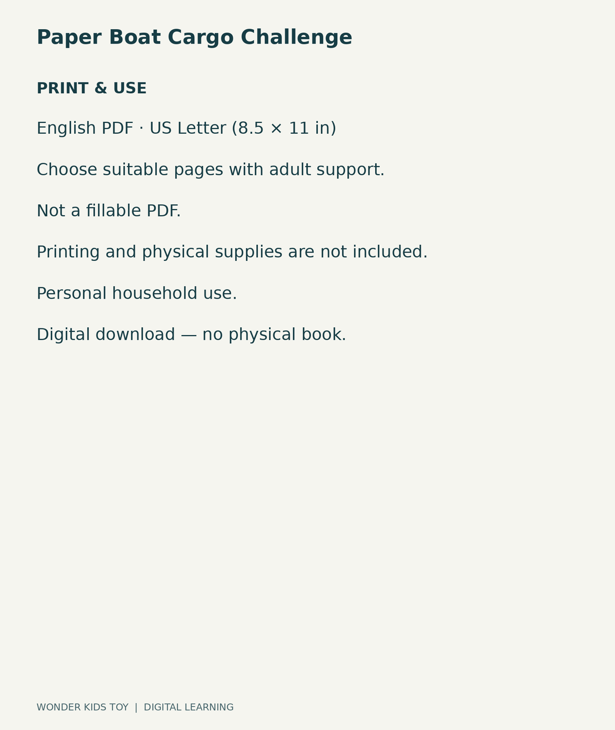 Paper Boat Cargo Challenge: US Letter English printable PDF and household-use details