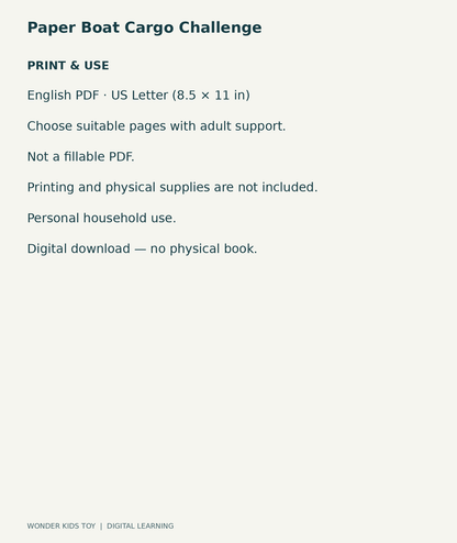 Paper Boat Cargo Challenge: US Letter English printable PDF and household-use details