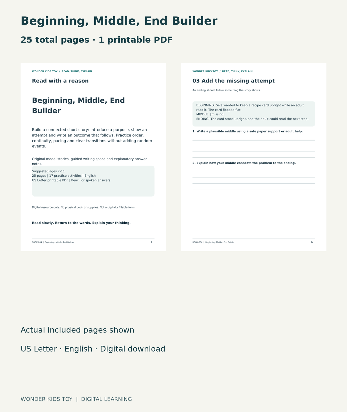 Beginning, Middle, End Builder: actual included PDF cover and page 6, 25 total pages