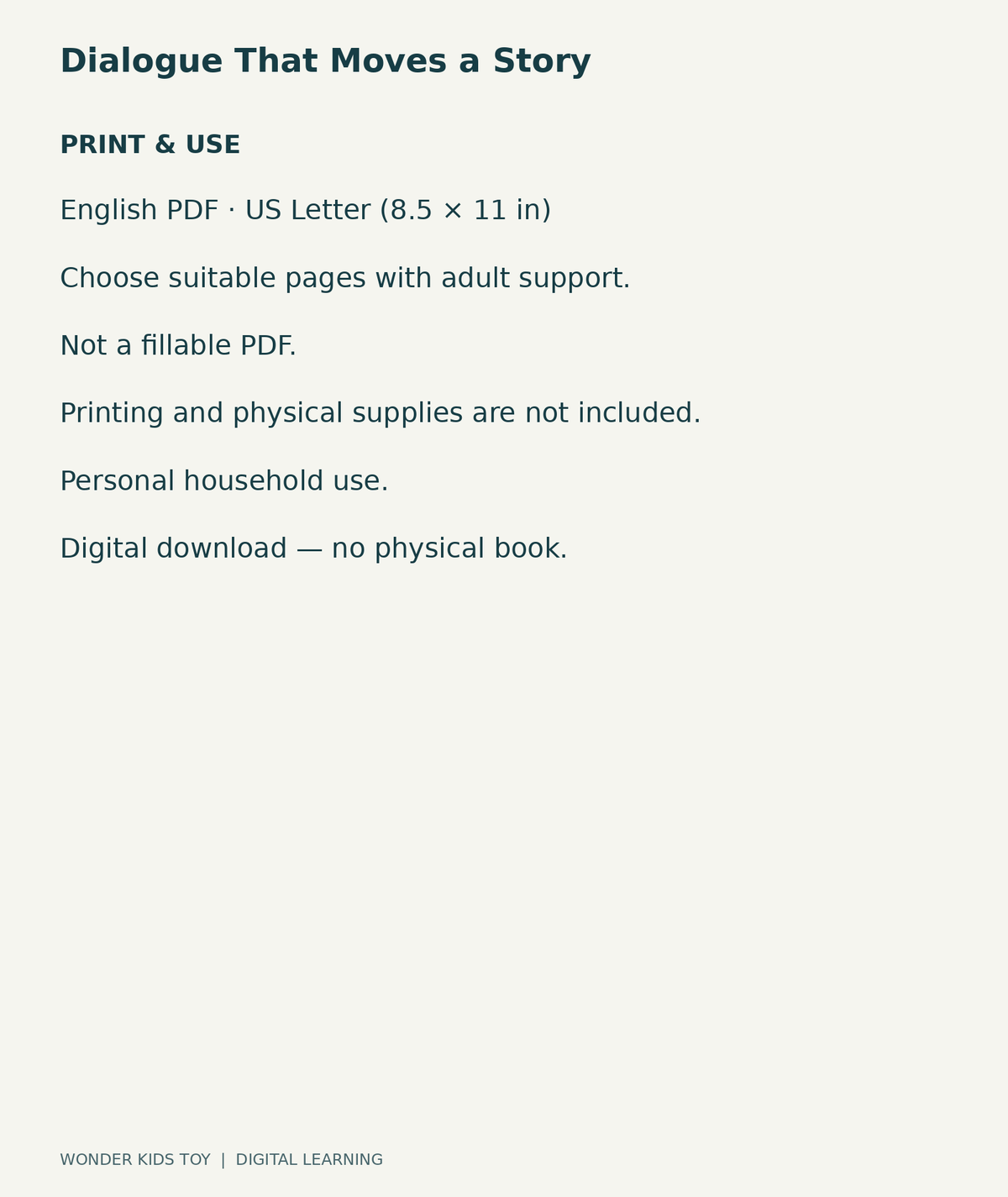 Dialogue That Moves a Story: US Letter English printable PDF and household-use details