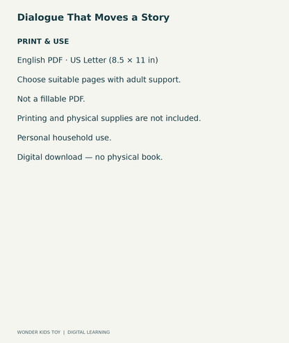 Dialogue That Moves a Story: US Letter English printable PDF and household-use details