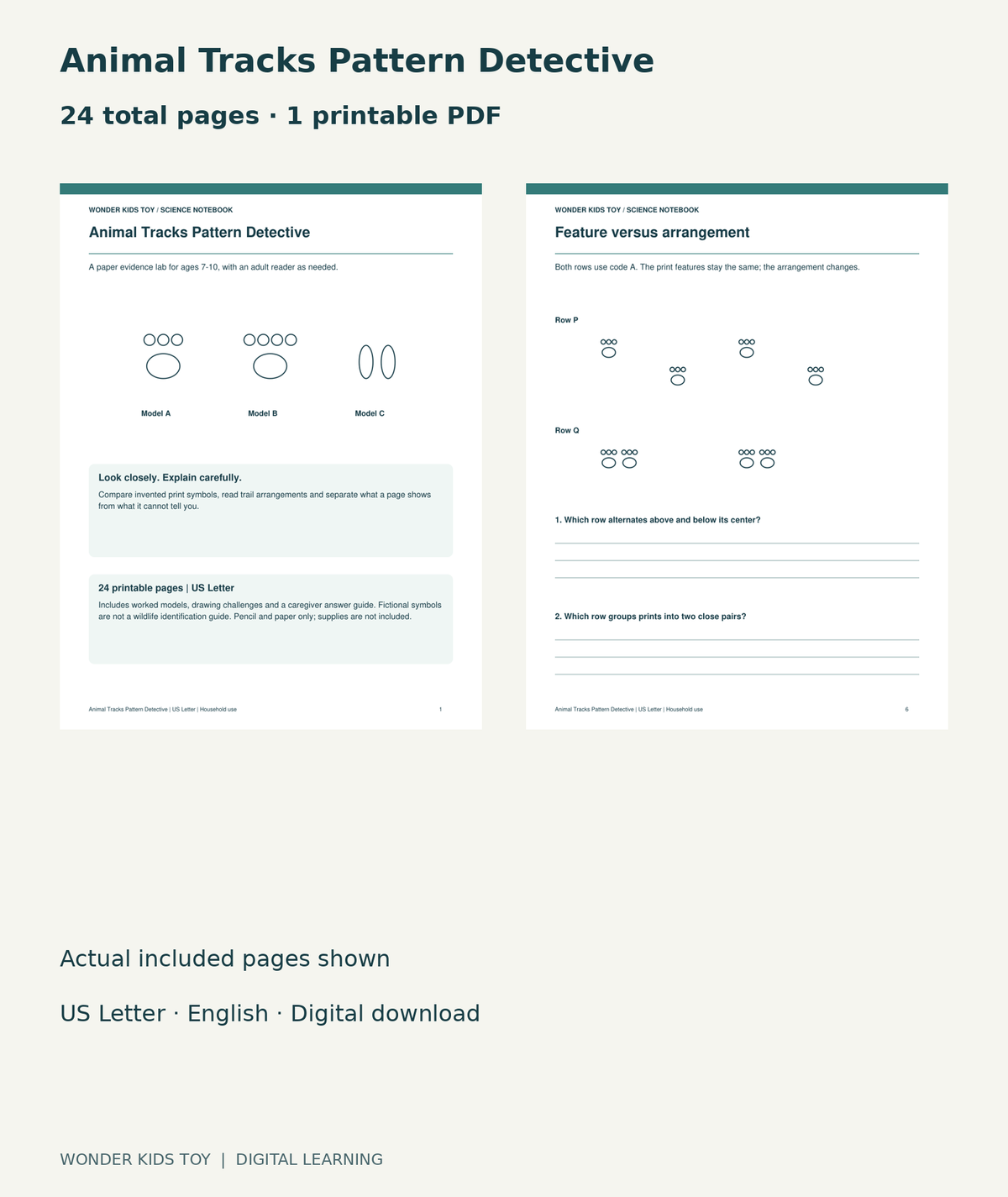 Animal Tracks Pattern Detective: actual included PDF cover and page 6, 24 total pages