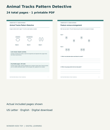 Animal Tracks Pattern Detective: actual included PDF cover and page 6, 24 total pages