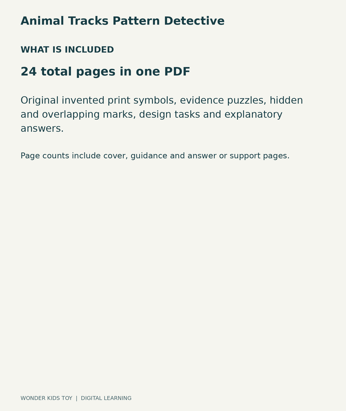 Animal Tracks Pattern Detective: contents overview, one PDF with 24 total pages