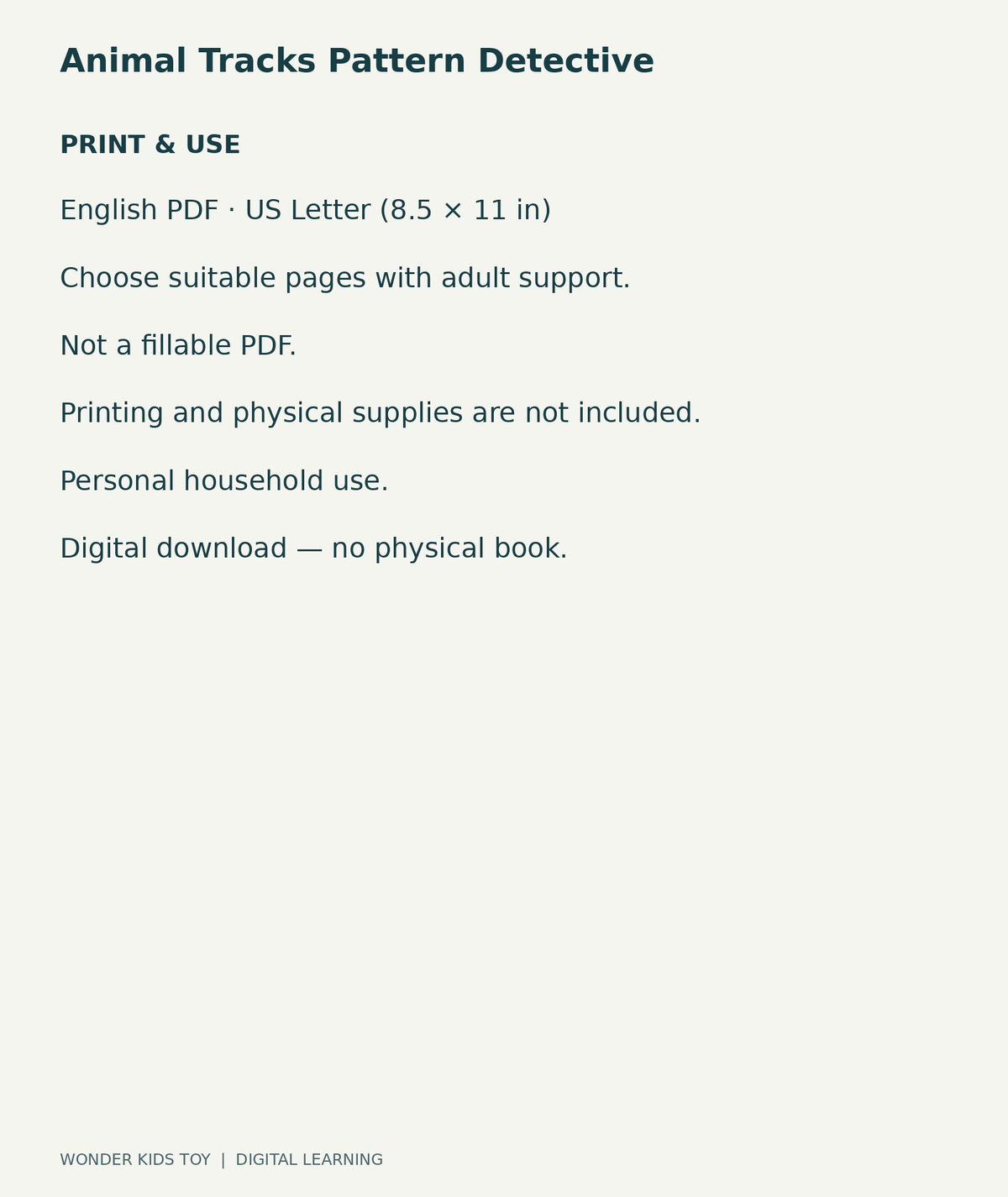 Animal Tracks Pattern Detective: US Letter English printable PDF and household-use details