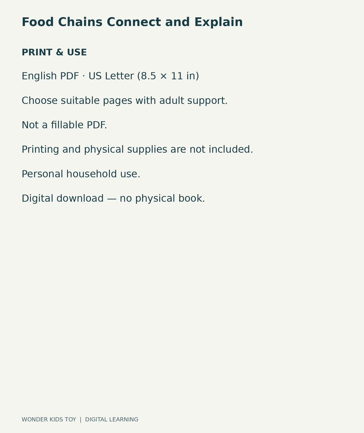 Food Chains Connect and Explain: US Letter English printable PDF and household-use details