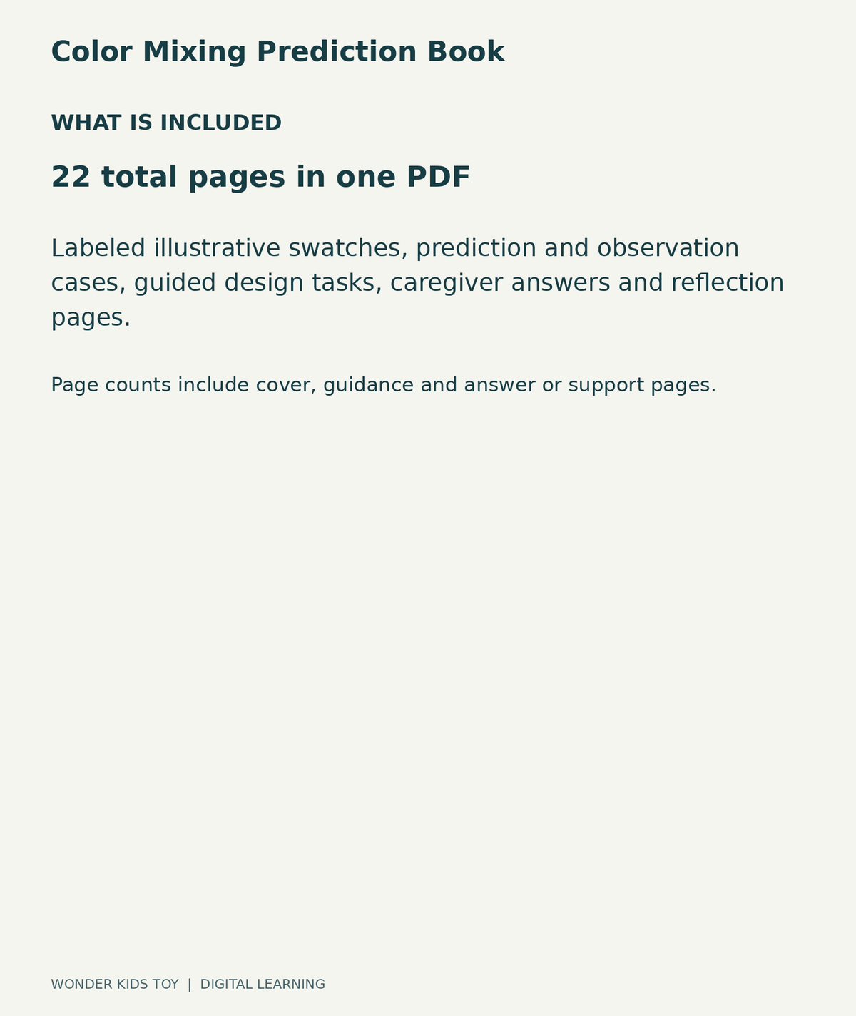 Color Mixing Prediction Book: contents overview, one PDF with 22 total pages