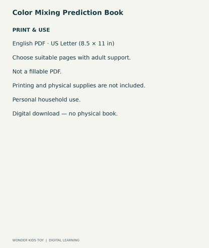 Color Mixing Prediction Book: US Letter English printable PDF and household-use details