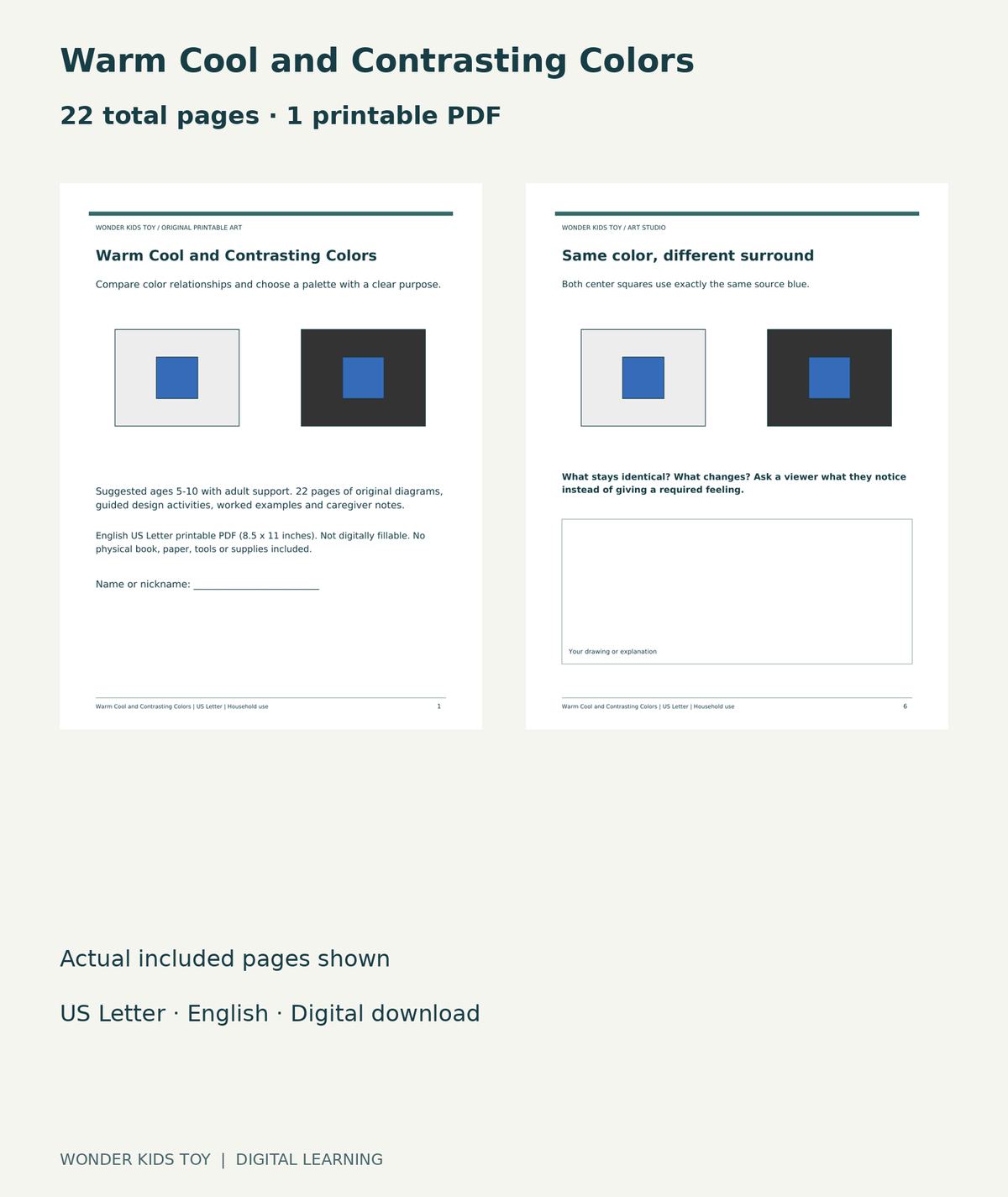 Warm Cool and Contrasting Colors: actual included PDF cover and page 6, 22 total pages