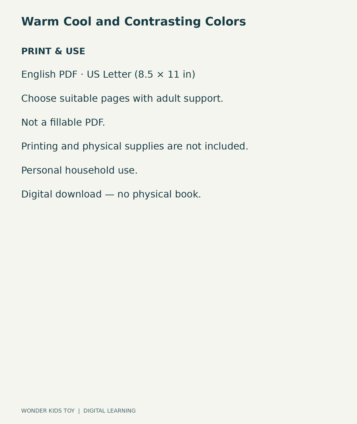 Warm Cool and Contrasting Colors: US Letter English printable PDF and household-use details