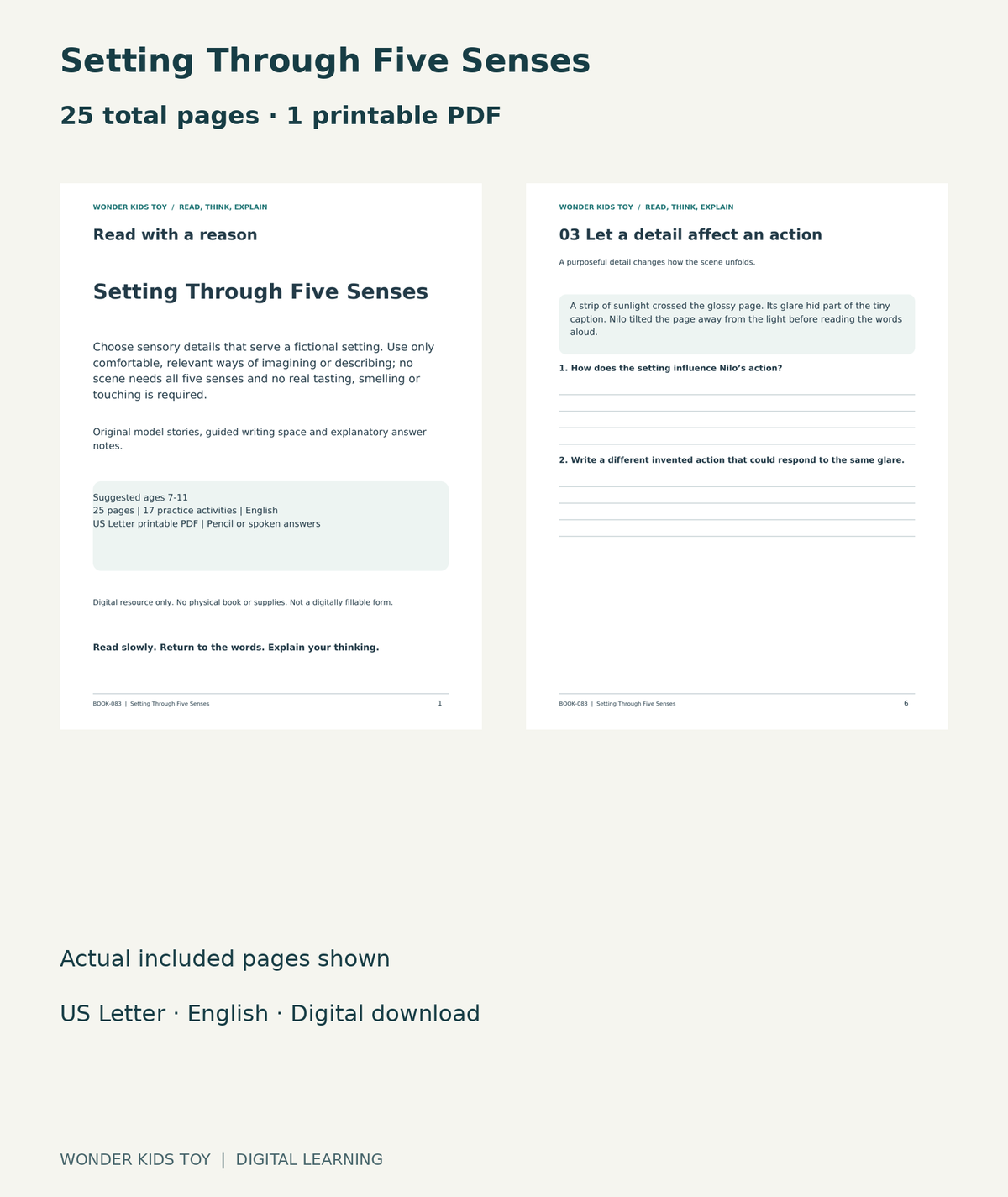 Setting Through Five Senses: actual included PDF cover and page 6, 25 total pages