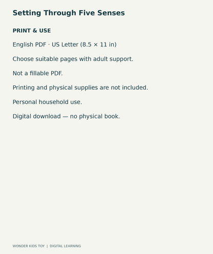Setting Through Five Senses: US Letter English printable PDF and household-use details