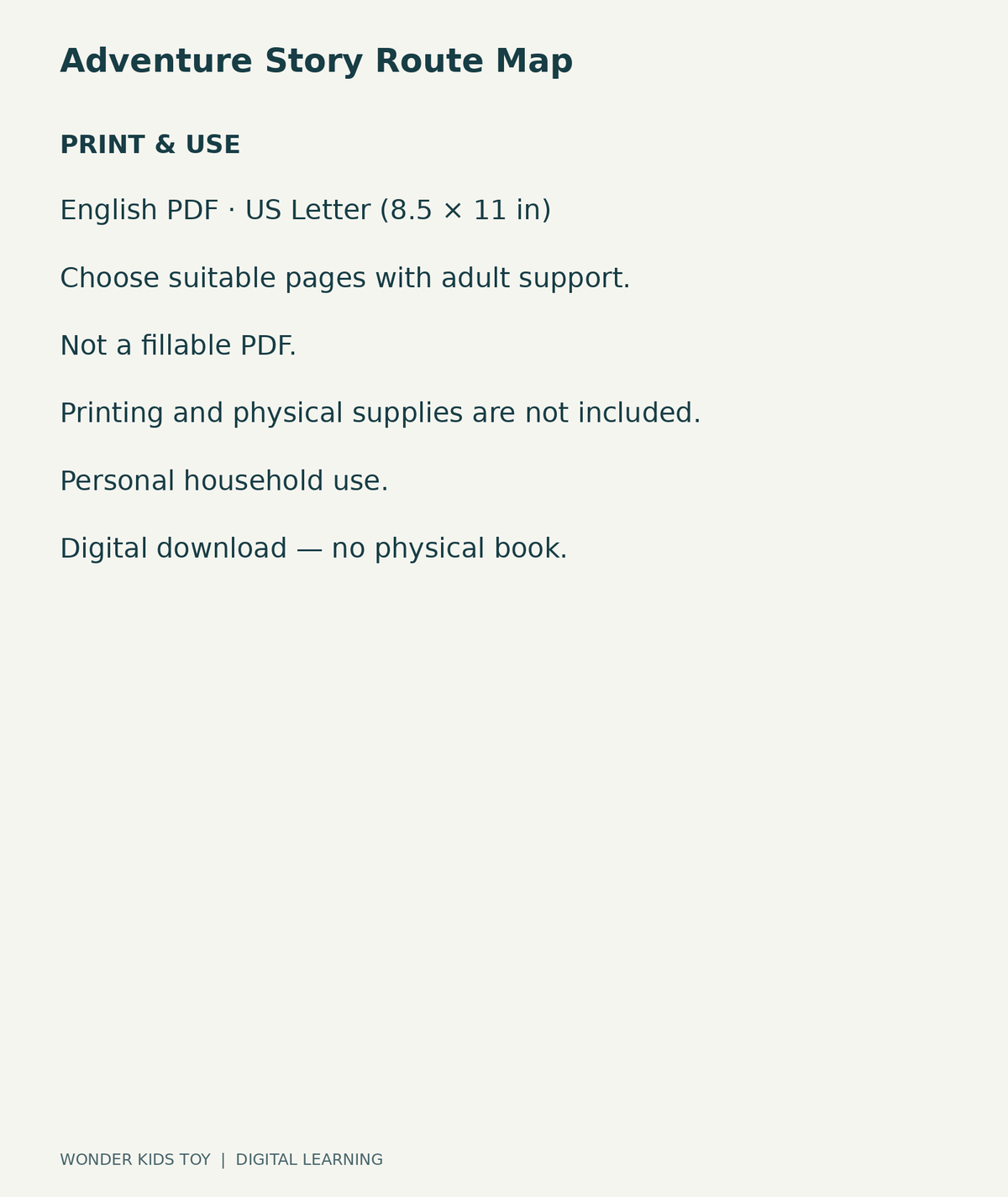 Adventure Story Route Map: US Letter English printable PDF and household-use details