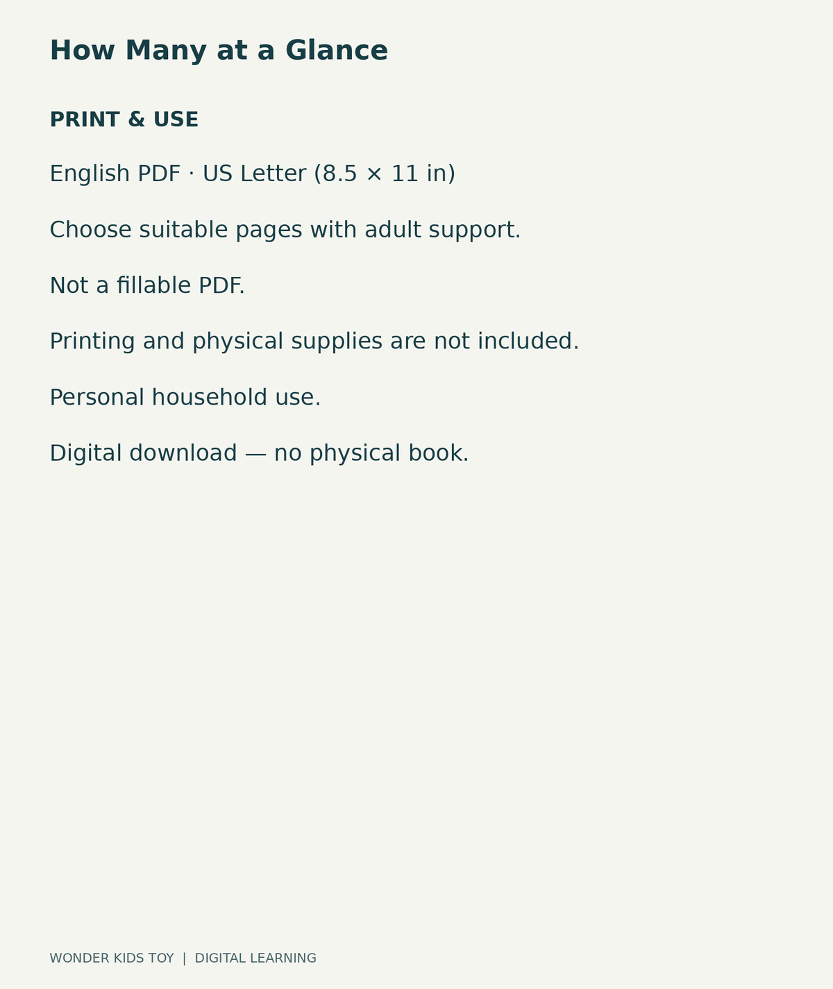 How Many at a Glance: US Letter English printable PDF and household-use details