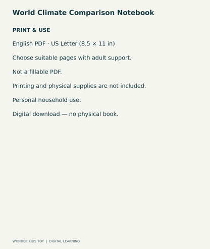 World Climate Comparison Notebook: US Letter English printable PDF and household-use details