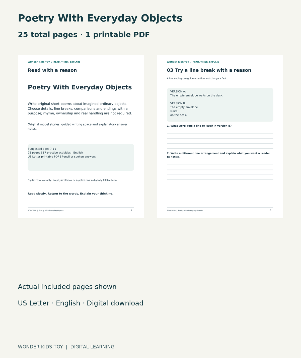 Poetry With Everyday Objects: actual included PDF cover and page 6, 25 total pages