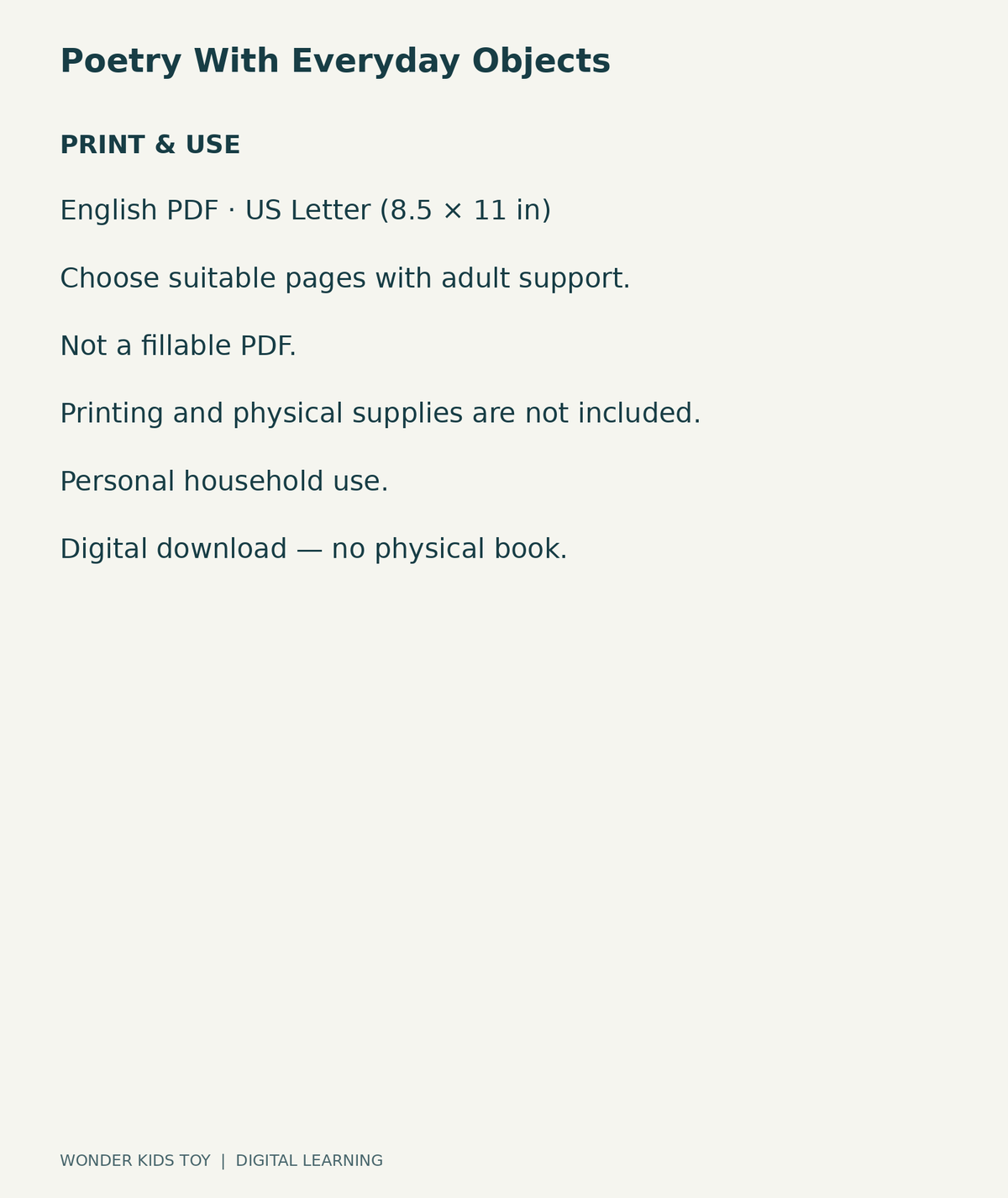 Poetry With Everyday Objects: US Letter English printable PDF and household-use details