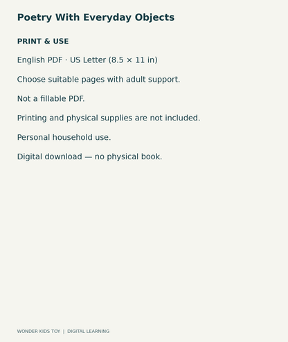 Poetry With Everyday Objects: US Letter English printable PDF and household-use details
