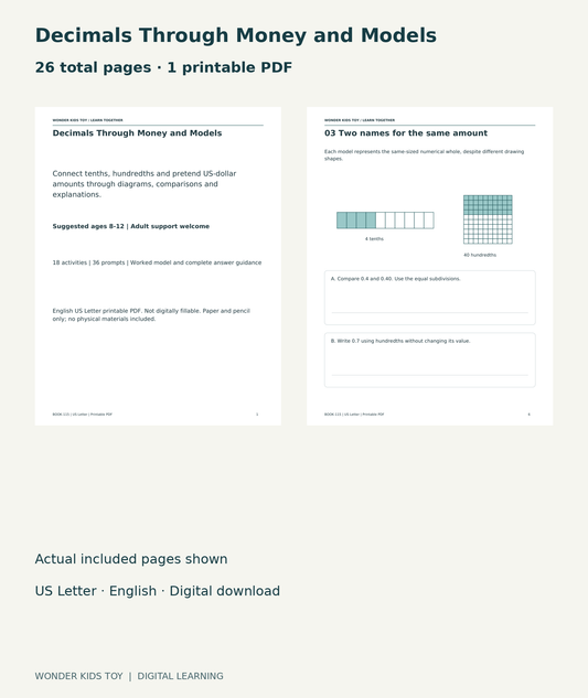 Decimals Through Money and Models: actual included PDF cover and page 6, 26 total pages