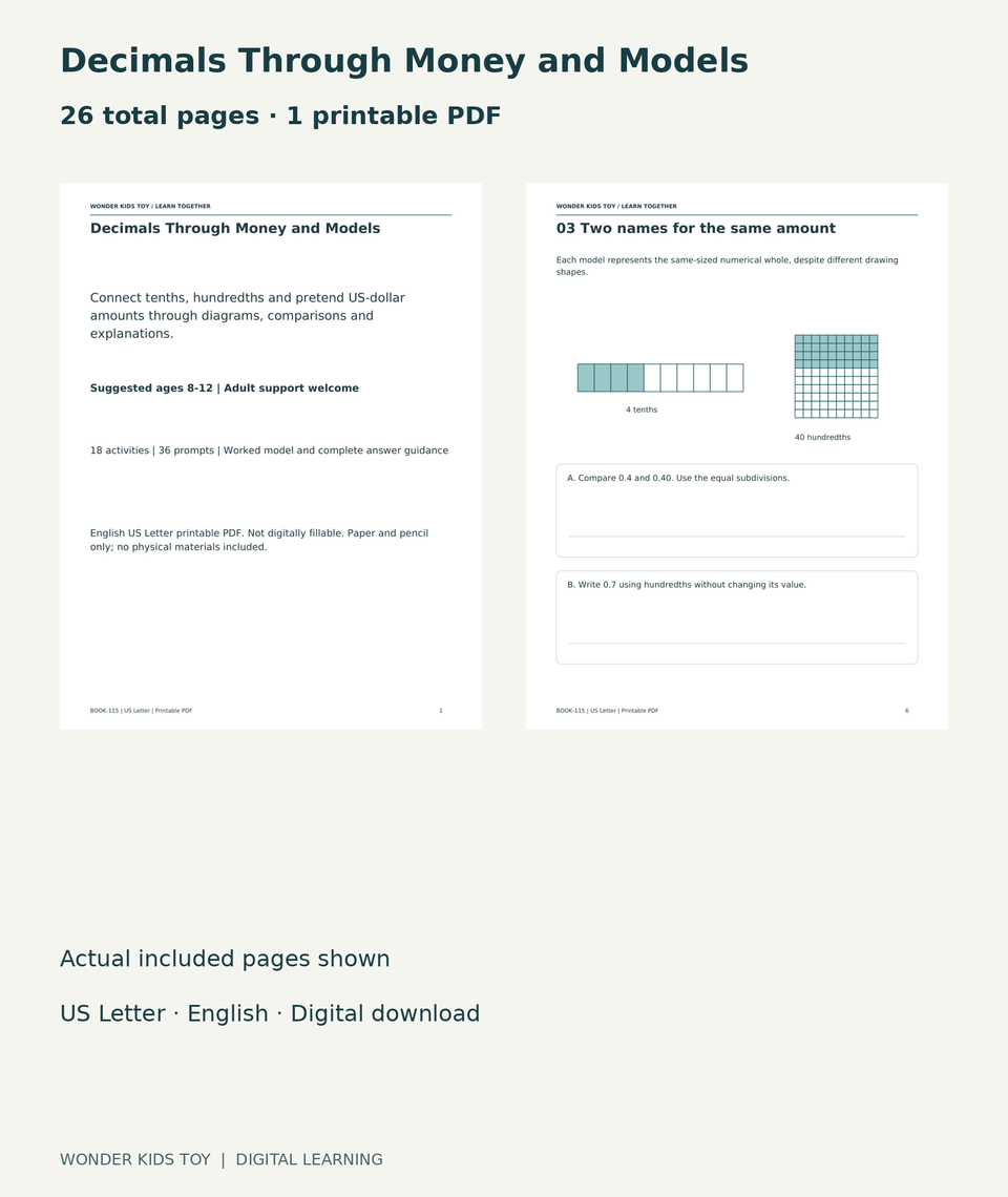 Decimals Through Money and Models: actual included PDF cover and page 6, 26 total pages