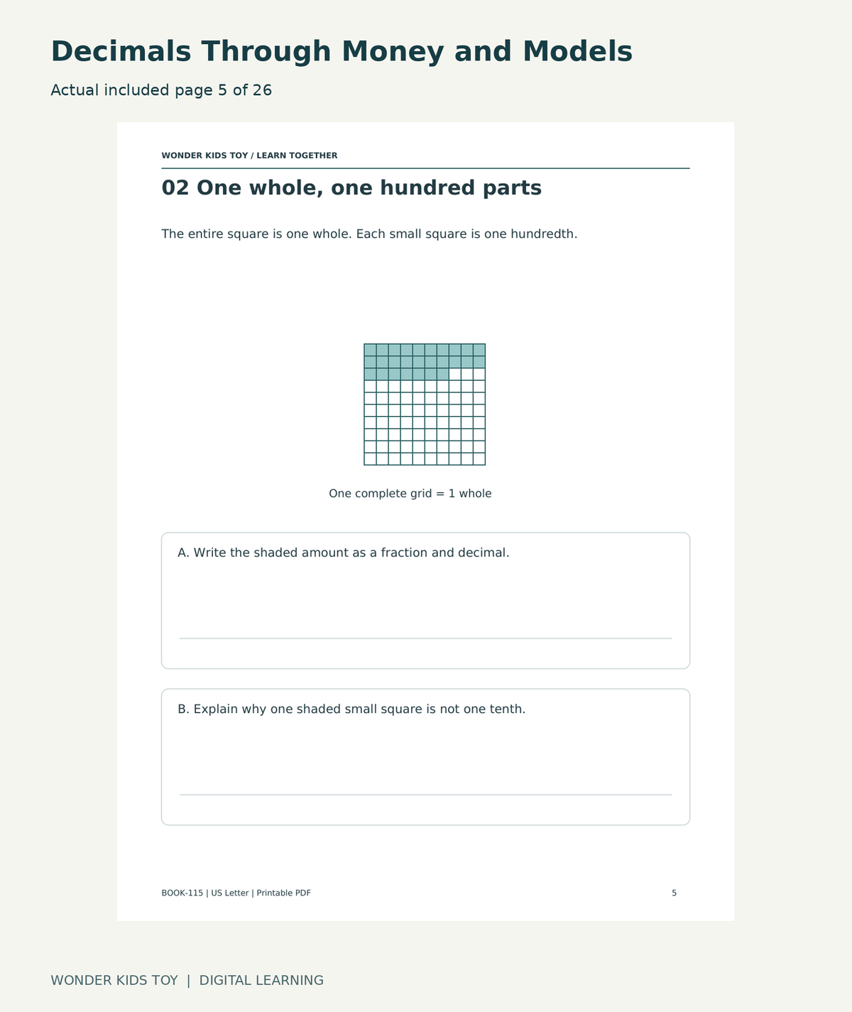 Decimals Through Money and Models: actual included PDF page 5 of 26