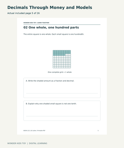 Decimals Through Money and Models: actual included PDF page 5 of 26