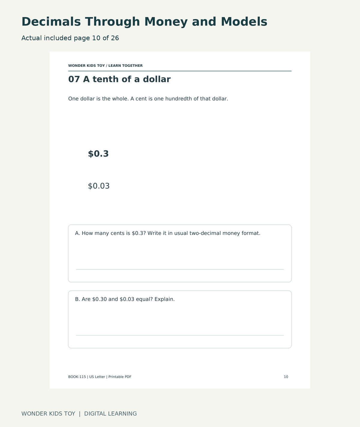 Decimals Through Money and Models: actual included PDF page 10 of 26
