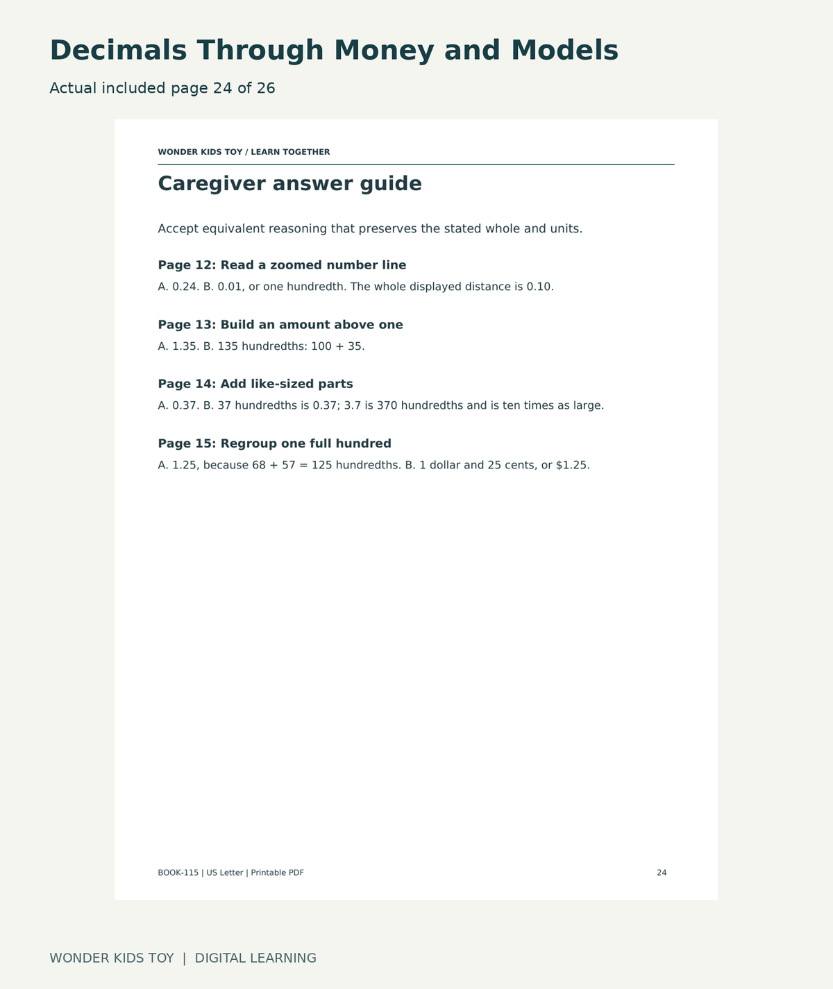 Decimals Through Money and Models: actual included PDF page 24 of 26
