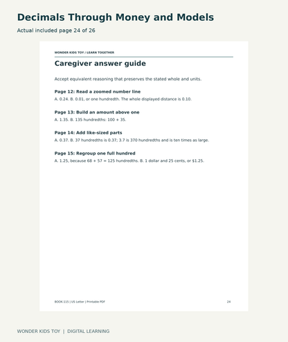 Decimals Through Money and Models: actual included PDF page 24 of 26