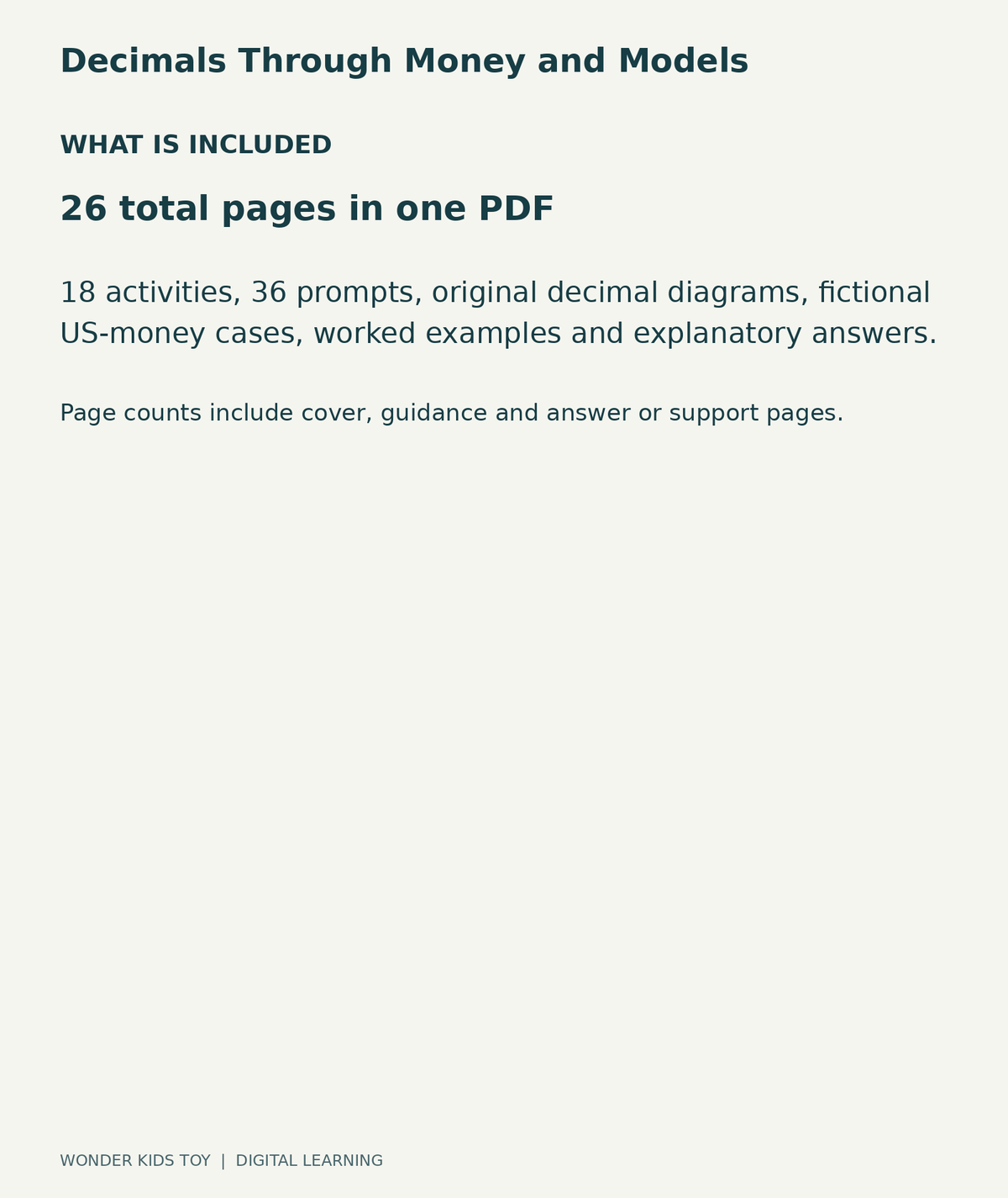 Decimals Through Money and Models: contents overview, one PDF with 26 total pages