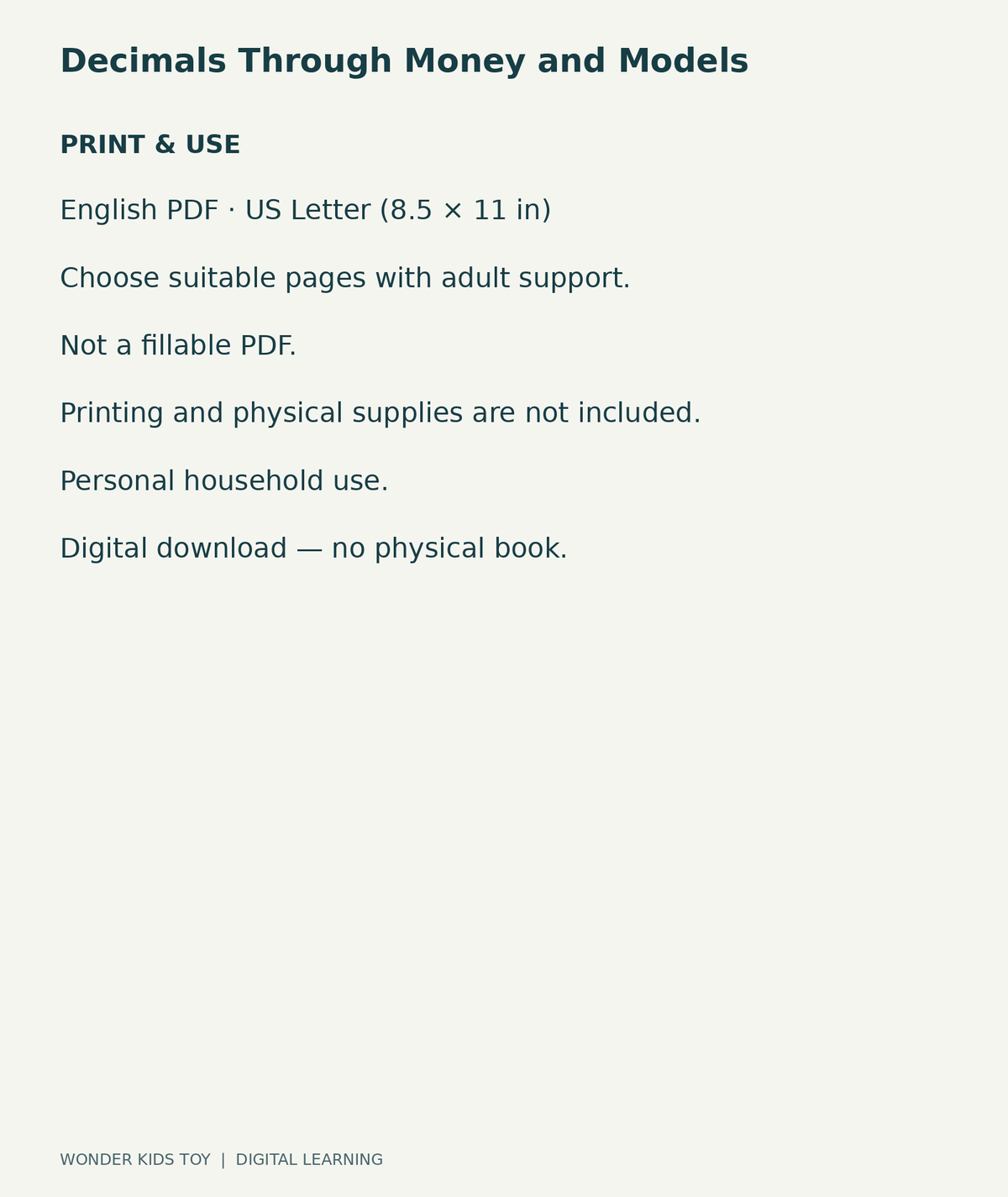 Decimals Through Money and Models: US Letter English printable PDF and household-use details