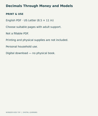 Decimals Through Money and Models: US Letter English printable PDF and household-use details