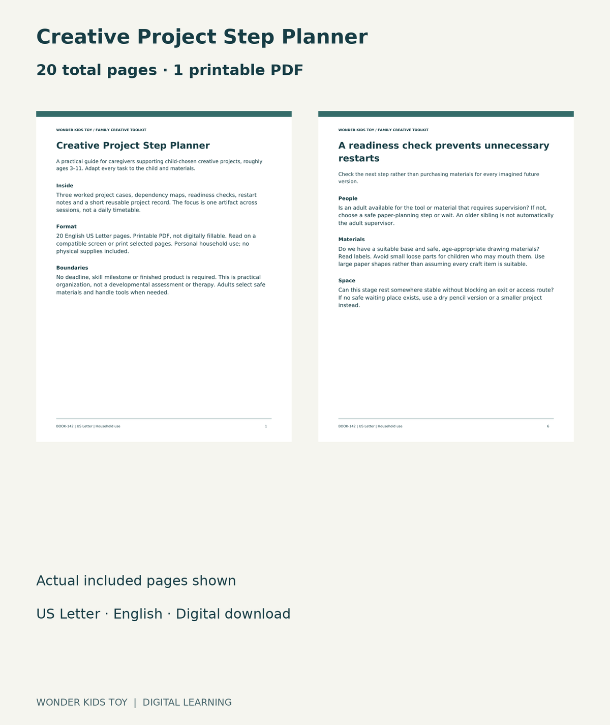 Creative Project Step Planner: actual included PDF cover and page 6, 20 total pages