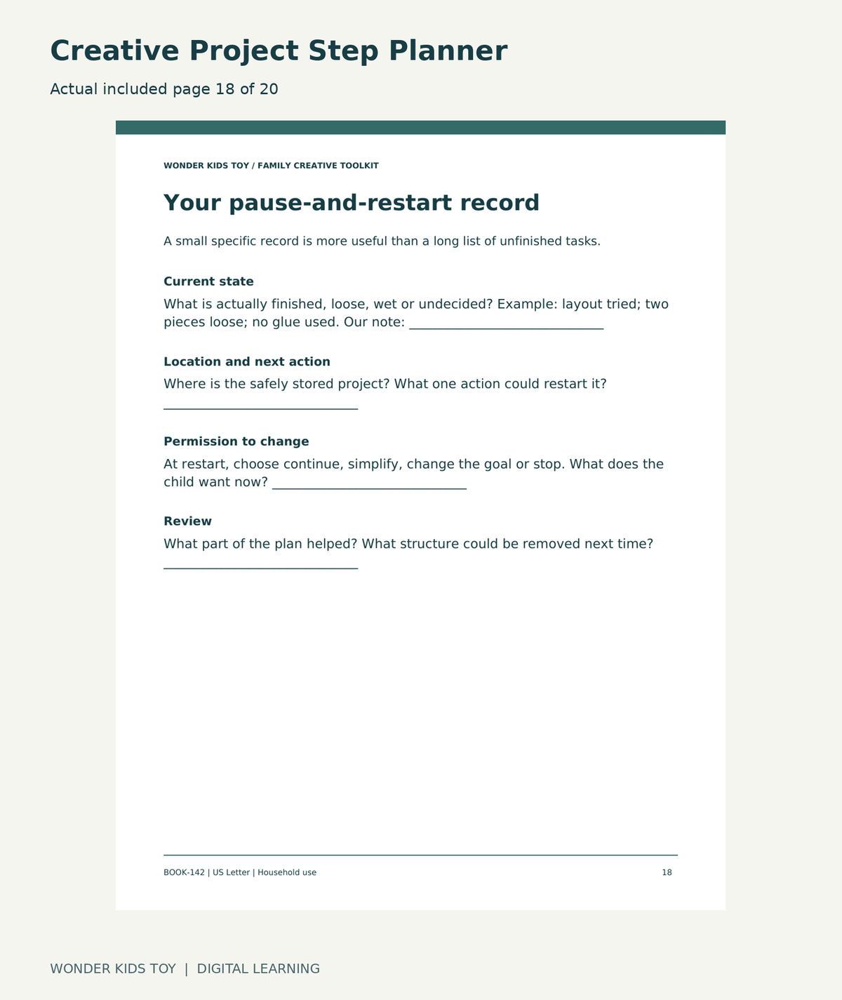 Creative Project Step Planner: actual included PDF page 18 of 20