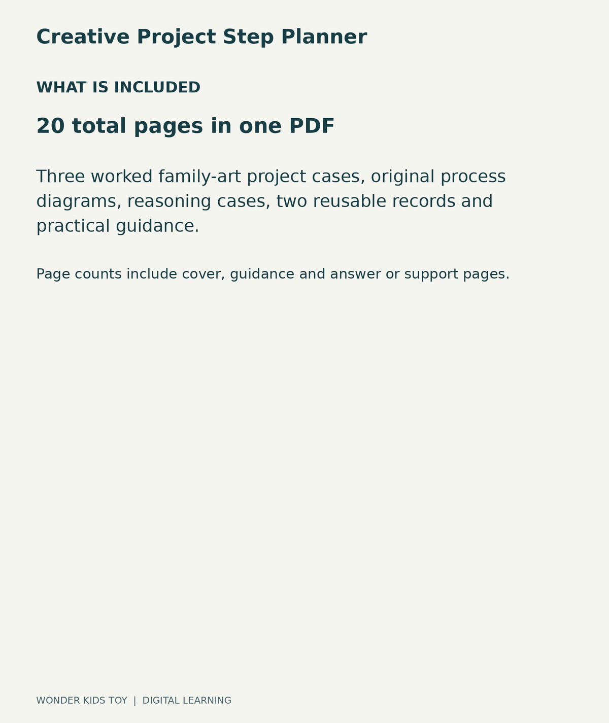 Creative Project Step Planner: contents overview, one PDF with 20 total pages