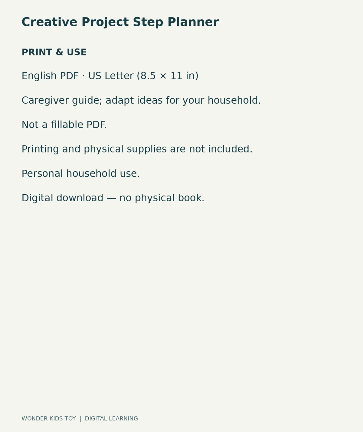 Creative Project Step Planner: US Letter English printable PDF and household-use details
